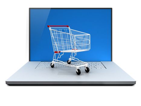 Online shopping, shopping cart on laptop, isolated on white.