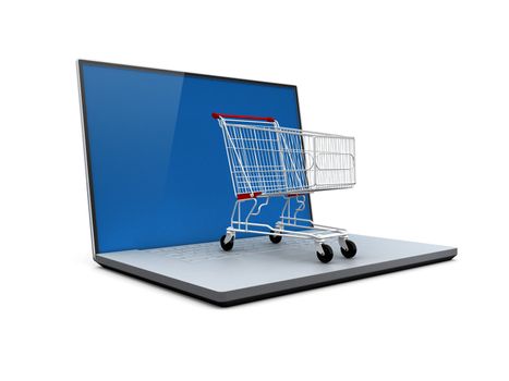 Online shopping, shopping cart on laptop, isolated on white.