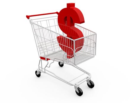 Red dollar symbol in shopping cart, isolated on white.