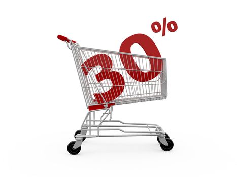 Shopping cart with 30% discount, isolated on white.