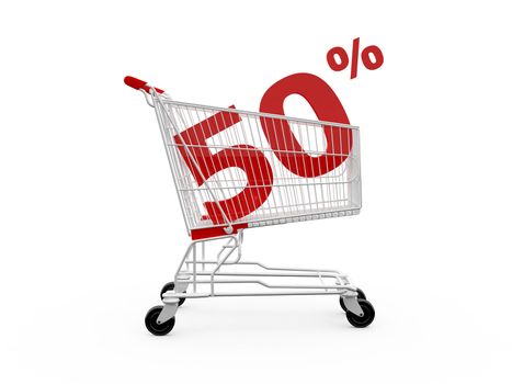 Shopping cart with 50% discount, isolated on white.