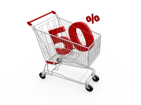 Shopping cart with 50% discount, isolated on white.