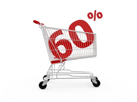 Shopping cart with 60% discount, isolated on white.