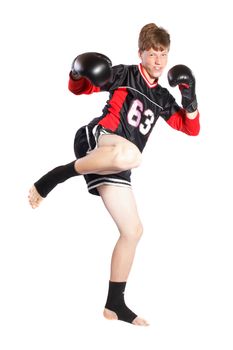 Young Kickboxer trained on a white background