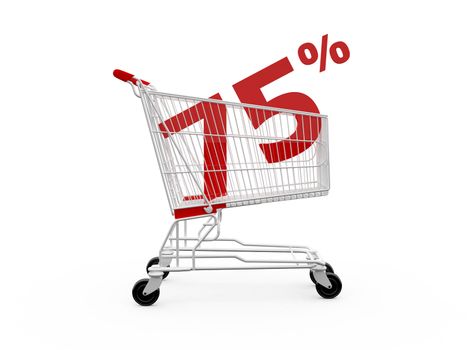 Shopping cart with 75% discount, isolated on white.