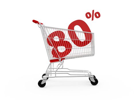 Shopping cart with 80% discount, isolated on white.