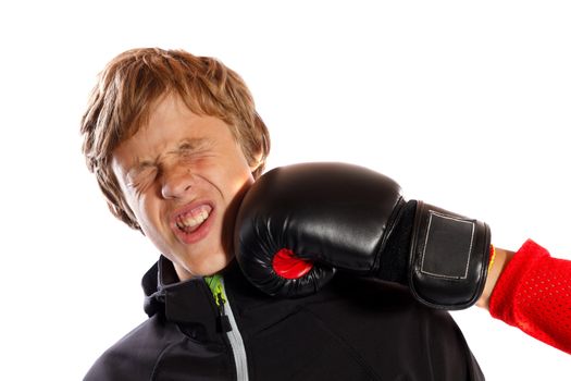 boxing glove hit the boy's face
