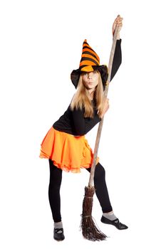 witch with a hat and broom standing on white background