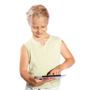 girl playing with his Tablet PC on a white background