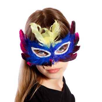 girl with colorful feather masks on white background