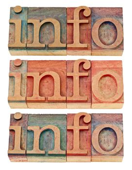 info - isolated word in vintage letterpress wood type, three versions
