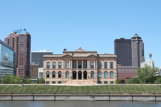 Skyline view of Des Moines Iowa from across Des Moines River