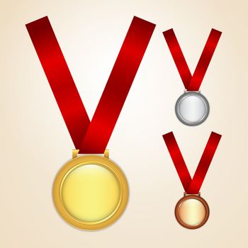 Set of golden, silver and bronze medals