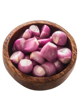 close up of a bowl of peeled shallots isolated