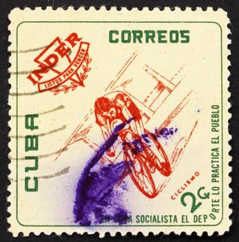 CUBA - CIRCA 1962: a stamp printed in the Cuba shows Bicycling, National Sports Institute Emblem and Athletes, circa 1962