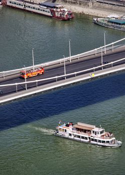 tourism on Danube, Budapest with touristic bus and boat