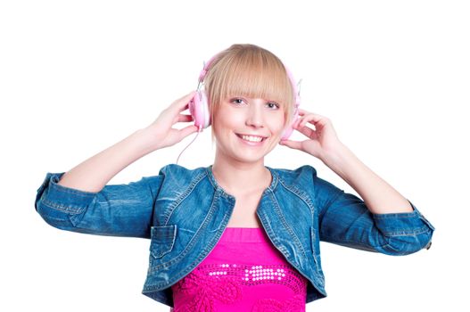 portrait of a beautiful woman listening to music with headphones, isolated on white background