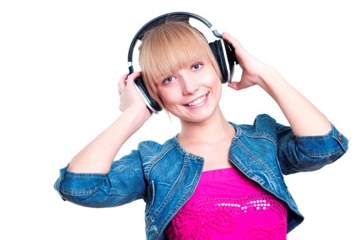 portrait of a beautiful woman listening to music with headphones, isolated on white background