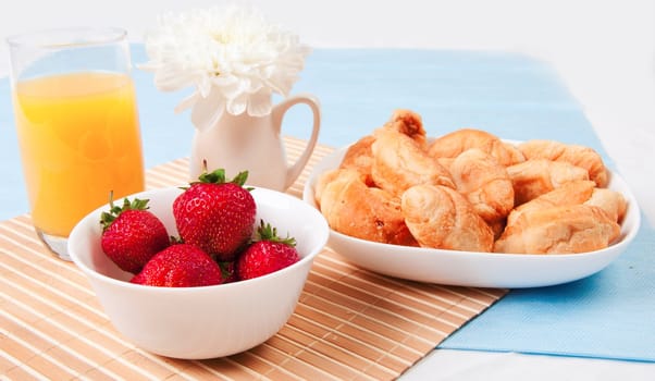 fruit, croissants, juice, flower - Still Life