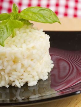 Close up of round form of rice with basil 