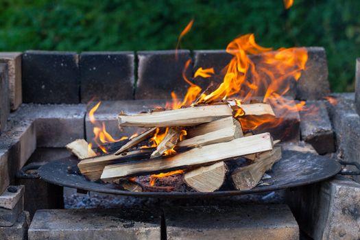 Burning Wood In The Fireplace. Closeup