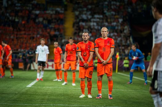 KHARKIV, UKRAINE - JUNE 08: Netherlands vs Denmark in action during football match in European soccer league (0:1), June 08, 2012 in Kharkov, Ukraine