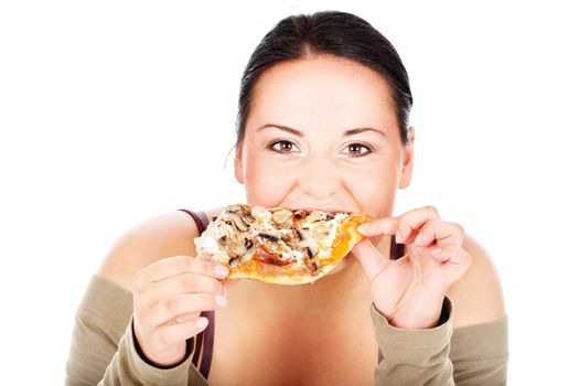 chubby lady enjoy eating a pizza, isolated on white background 