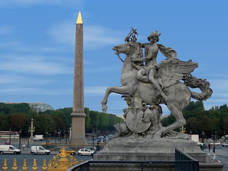 Statue of Perseus and obelisk on  place de la concorde in Paris in France