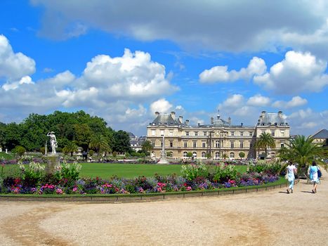   Beautiful gardens and the luxembourg palace in the centre of Paris in France