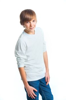 Portrait of young smiling cute teenager in white, isolated on white