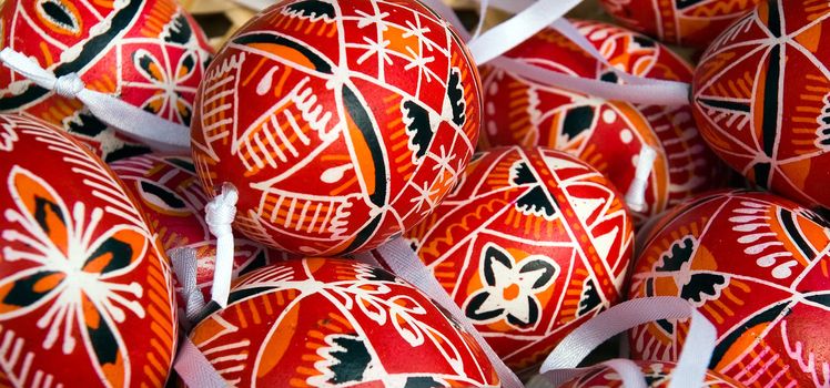 Red easter eggs with traditional Czech pattern