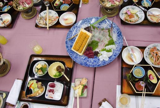 Japanese dishes in a traditional restaurant after dinner