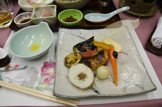Japanese dishes in a traditional restaurant after dinner