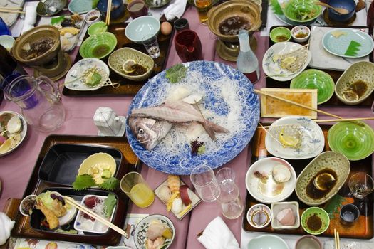 Japanese dishes in a traditional restaurant after dinner