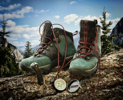 Pair of hiking boots with compass on fallen tree trunk