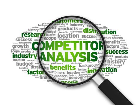 Magnified illustration with the word Competitor Analysis on white background.