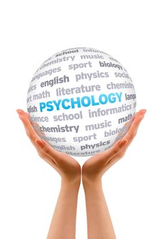 Hands holding a Psychology Word Sphere sign on white background.