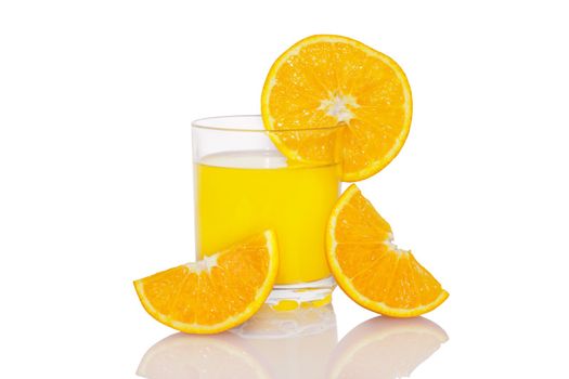 Fresh orange juice with orange slices isolated on white background
