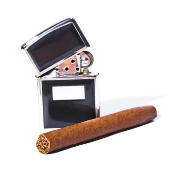 Cuban cigar and cigarette lighter on a white background.