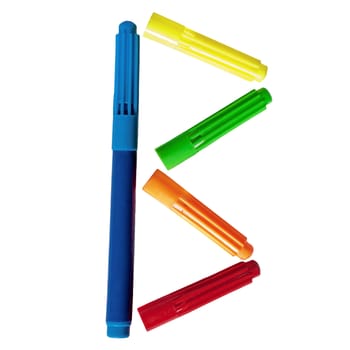 Colored markers posted b letter on a white background.