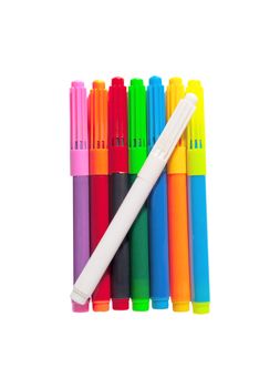 Set of colored markers on a white background.