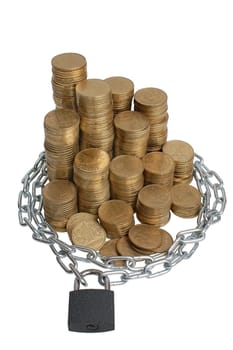 It is a lot of coins piled and tied with a chain,
isolated on a white background.