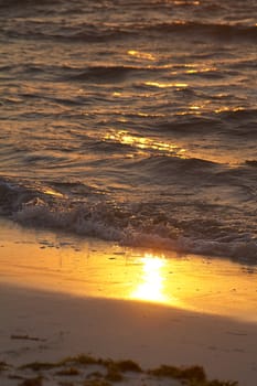Sunrise reflecting on wet sand being pounded by waves