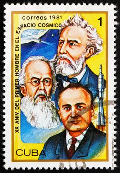 CUBA - CIRCA 1981: a stamp printed in the Cuba shows Jules Verne, Konstantin E. Tsiolkovski and Sergei P. Korolev, 20th Anniversary of 1st Man in Space, circa 1981