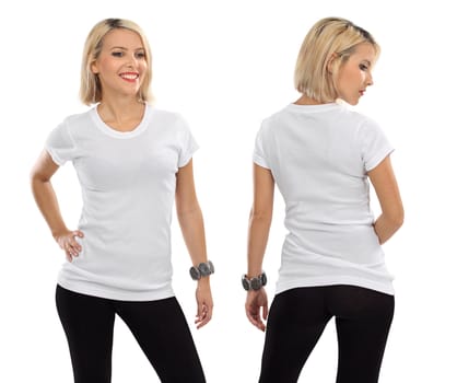 Young beautiful blond female with blank white shirt, front and back. Ready for your design or artwork.