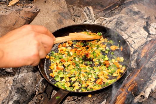 yellow mushrooms with onion upon the fire for omelette