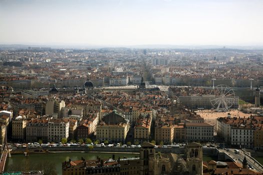 A bird's eye view of the French city of Lyon with the city hall on place des Terreaux.