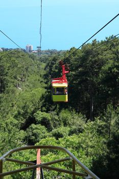 Yellow overhead cable car moving from mountain to sea above forest