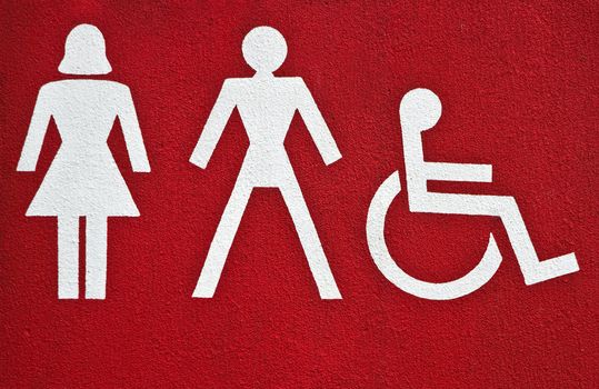 Symbols female, male and physically disabled on building with sanitary rooms
