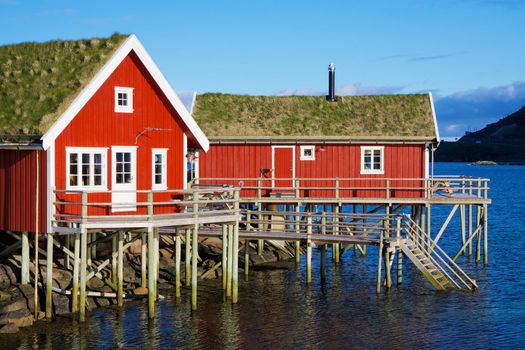 Typical red rorbu hut with sod roof in town of Reine on Lofoten islands in Norway